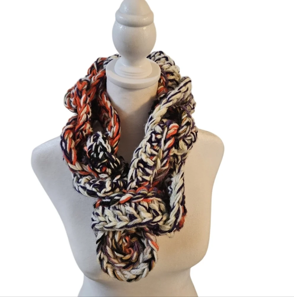 Hand Crafted Scarf Crochet Chunky knit multicolored Artisan  unique wearable art